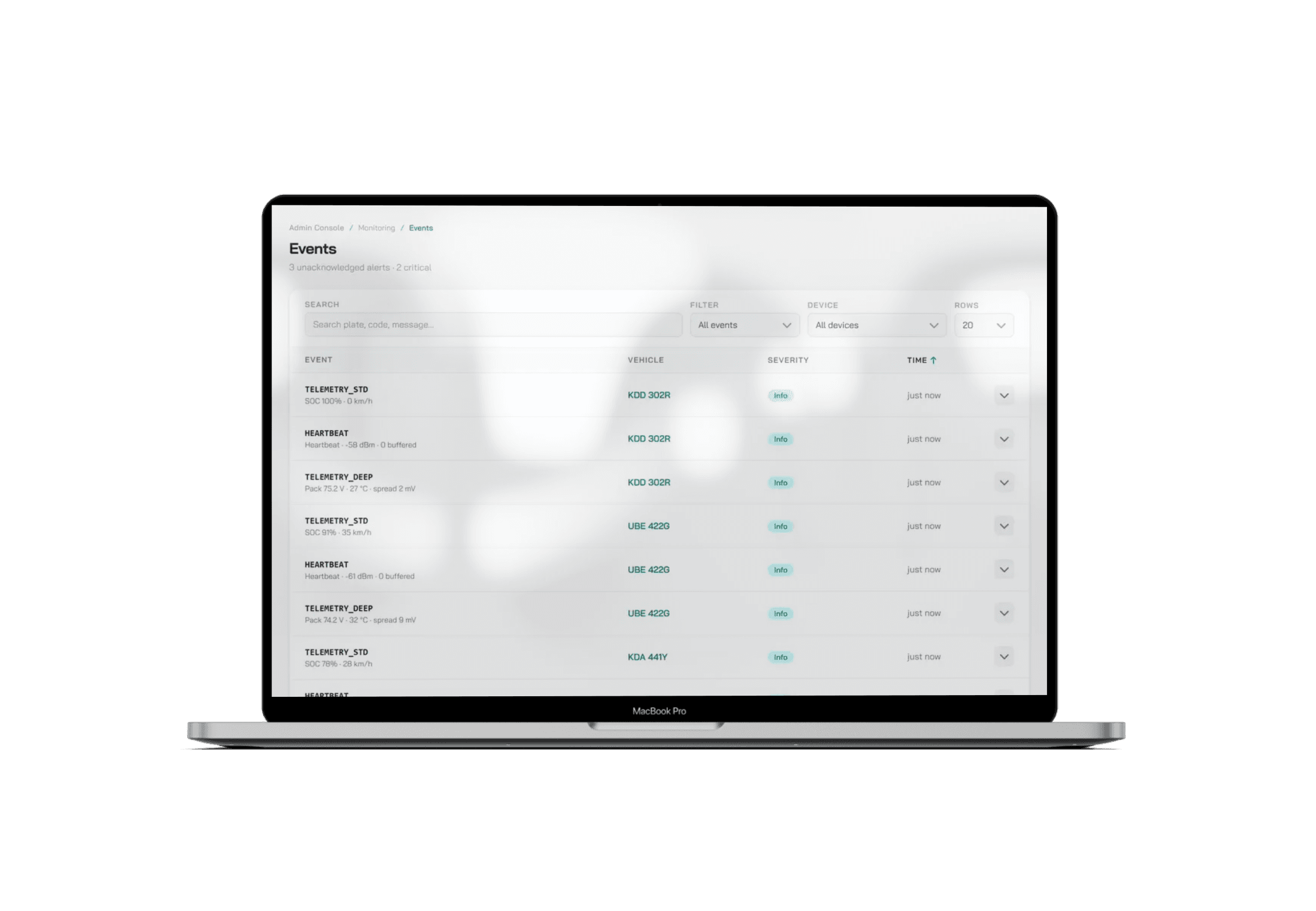 The FLEETNEX events log: device frames with severity, vehicle, time and message