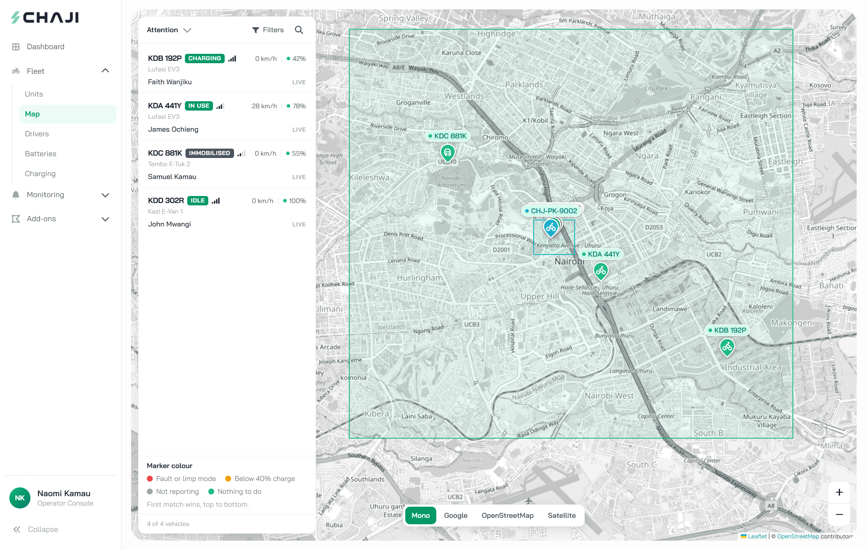 The FLEETNEX live map showing vehicle positions across Nairobi with a vehicle list and detail panel